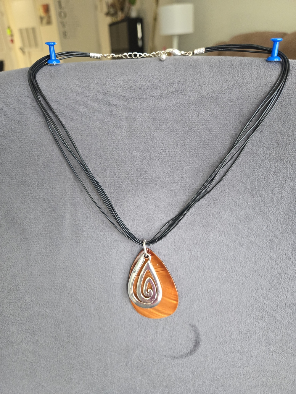 Vintage Orange Shell Swirl Pendant Multi Strand Black Cord Necklace Layered Boho